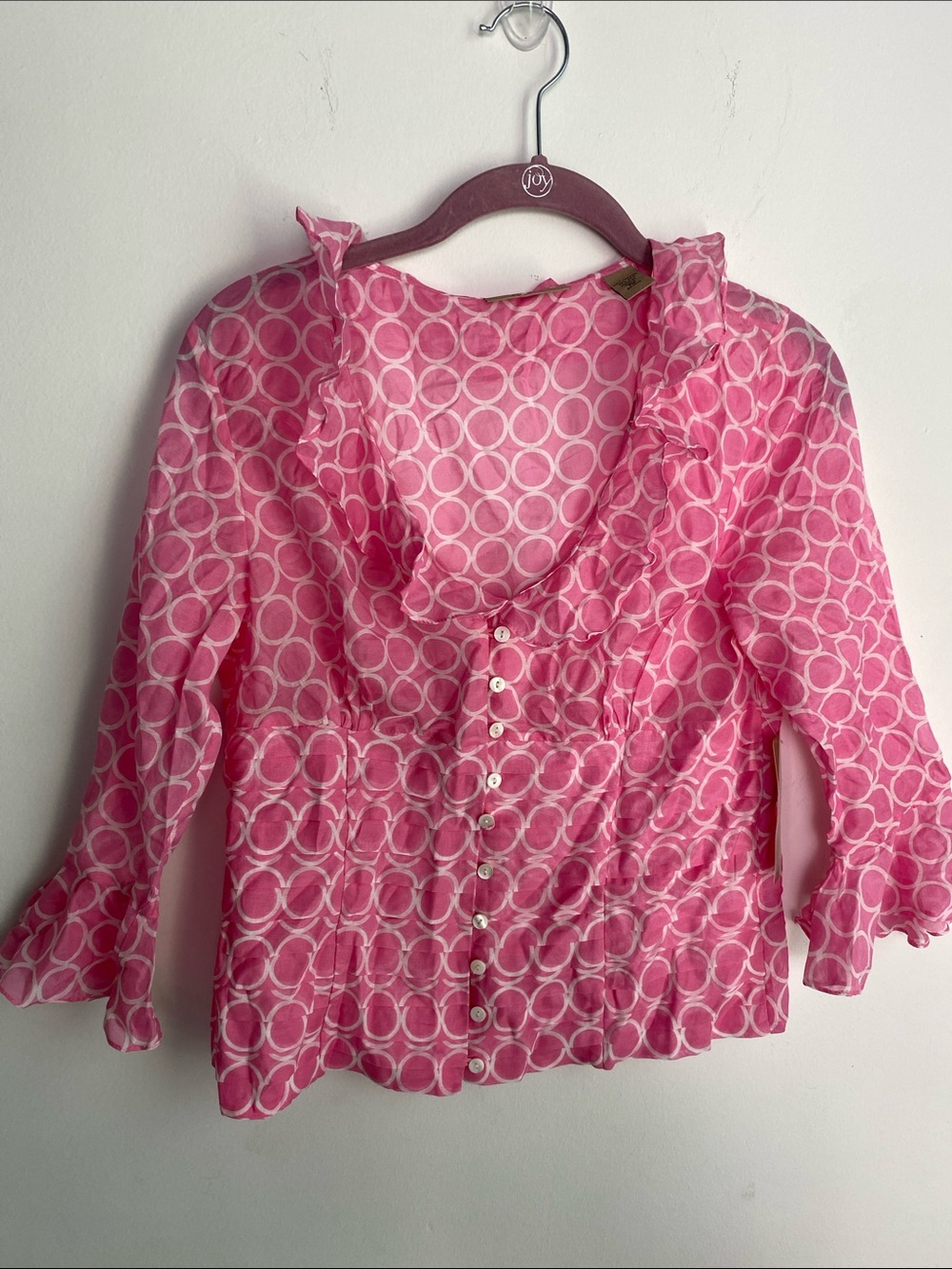 i.e petite  Pink Ruffle Button-Front Blouse with Circle Print Size PM